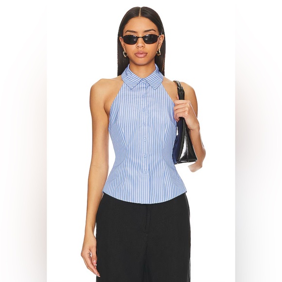 Revolve More To Come Lisseth open back Blue Striped office blouse top XS - Picture 1 of 7